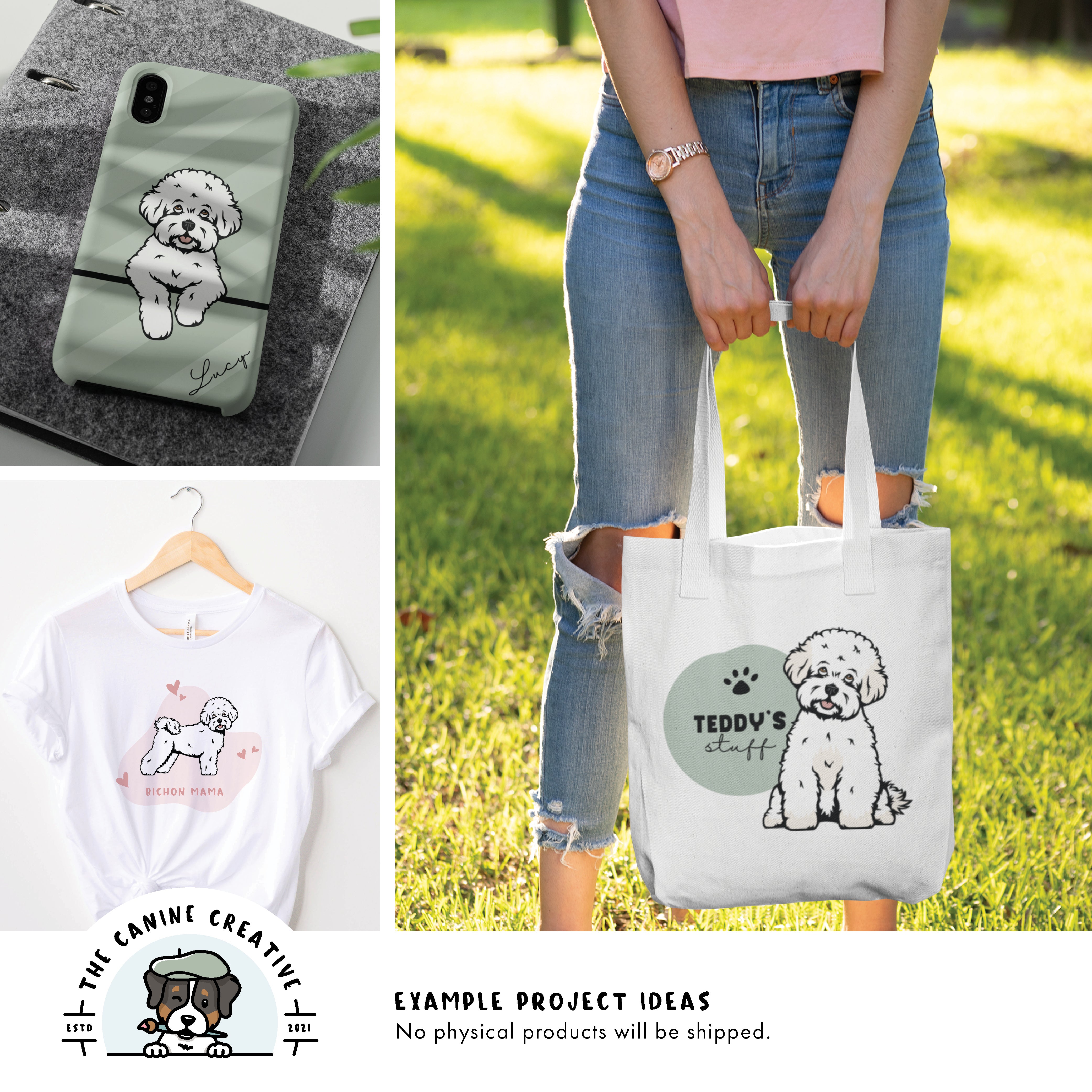 Example project ideas showing designs on a cellphone case, t-shirt, and tote bag.